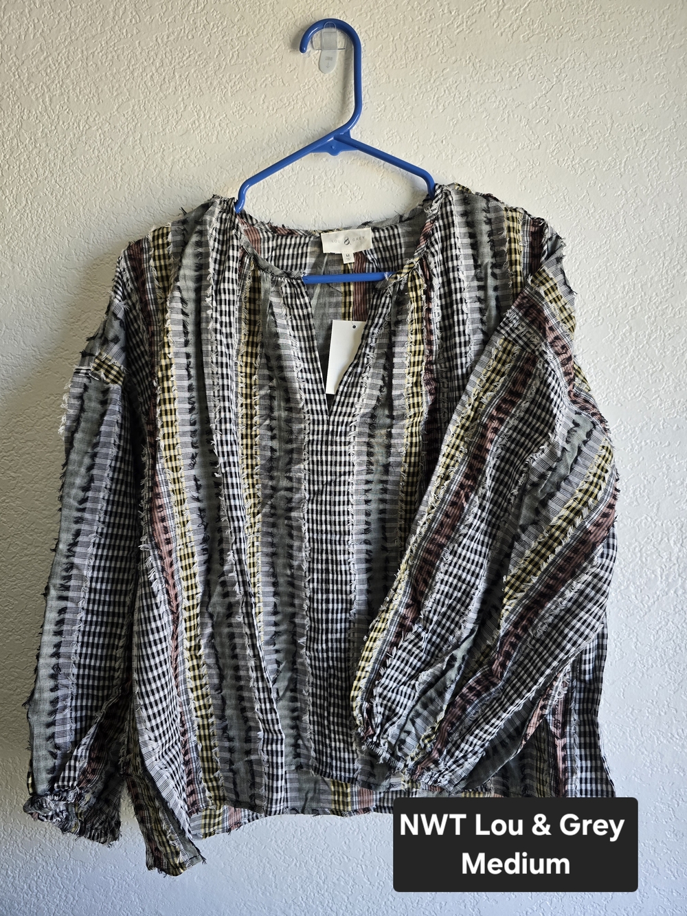 Lou & Grey Striped Crinkle Peasant Blouse - Black, White, Yellow